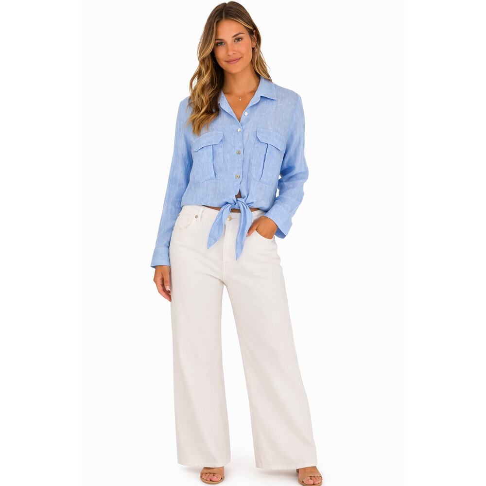 Orchidea Linen Cropped Long Sleeve Shirt Blue Womens Size Large